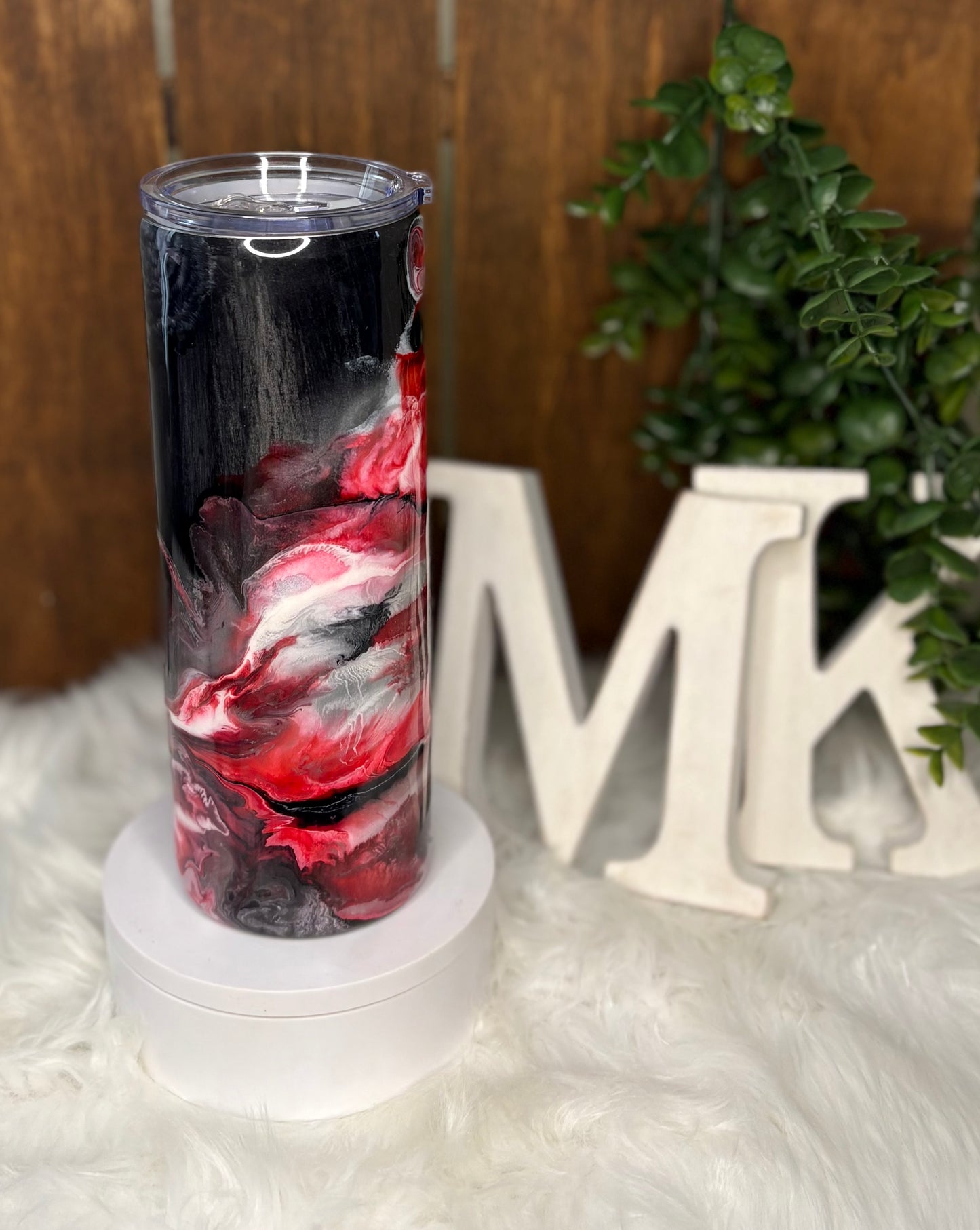 24oz Grey Wood Grain w/ Red Black & White River Flow