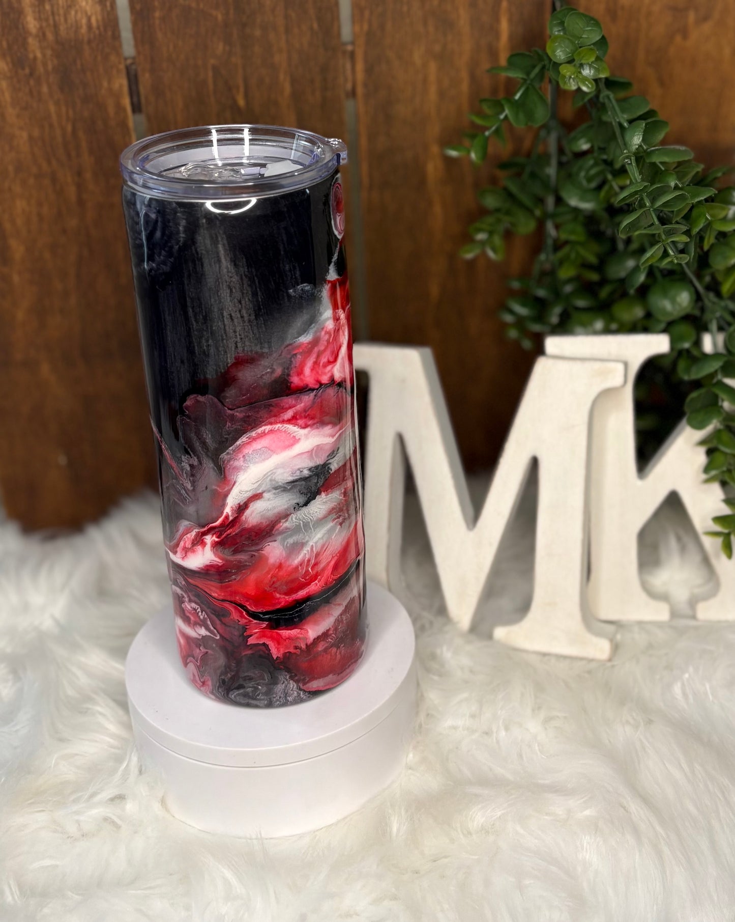 24oz Grey Wood Grain w/ Red Black & White River Flow